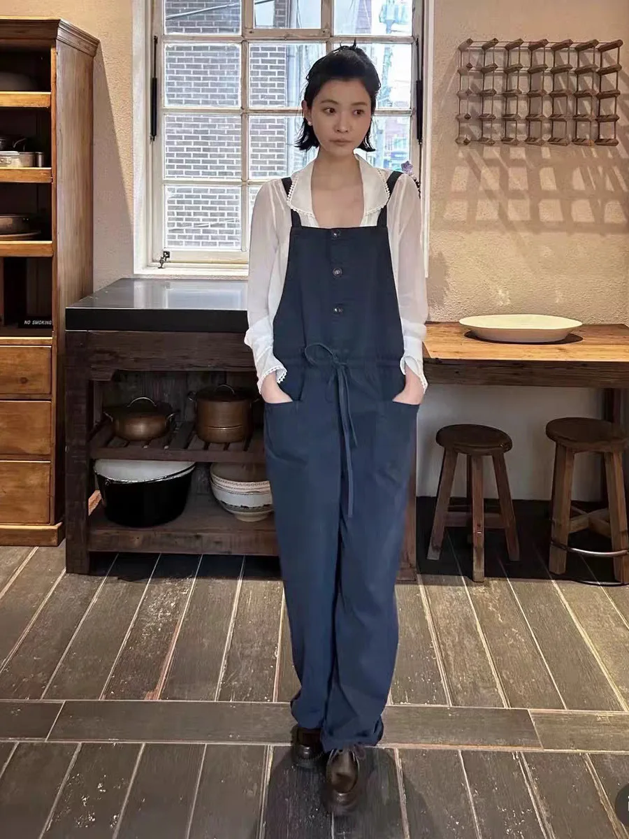

Spring Summer 2026 Deep Blue Drawstring Romper Pants Women's Style Commute Wide Leg Pocket Low Waist Long Cotton Blend