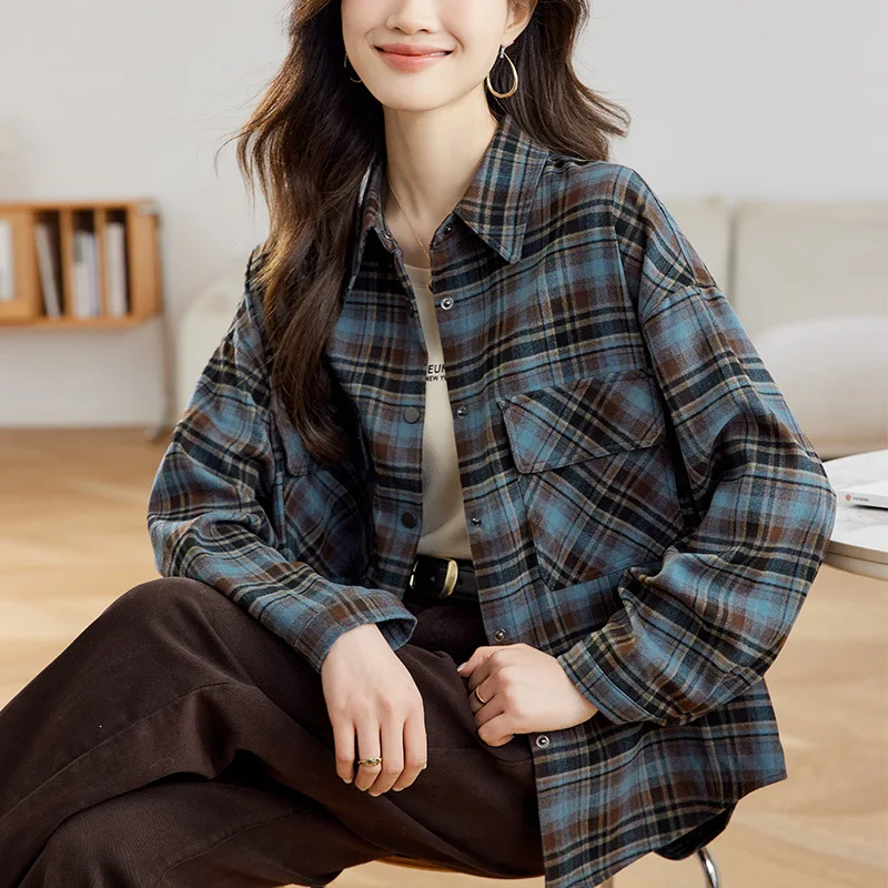 

Женская клетчатая одежда Long Sve Spring Autumn Faion в стиле ретро Гонконг, многослойная внутренняя одежда, повседневная свободная посадка для поездок на работу