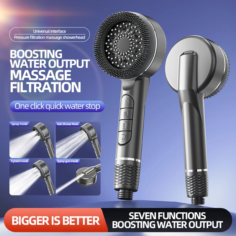High Pressure Filter Shower Head 4 Spray Modes Massage Silicone Brush Water Stop Button Hose Wall Bracket 10/15/20 Filters image 3