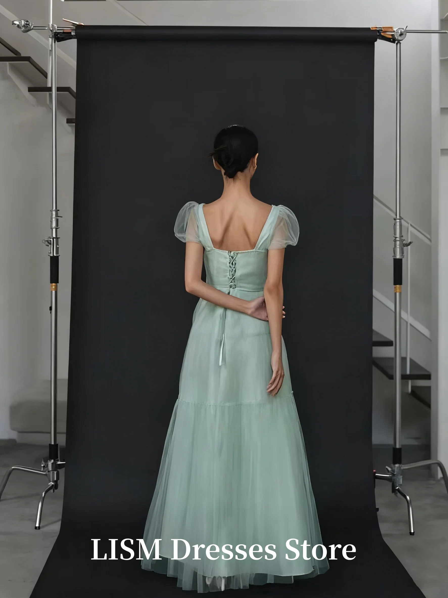 Lism hortelã verde coreia vestidos de noite sessão de fotos gola quadrada tule macio lindos vestidos de baile personalizados ”. espartilhos