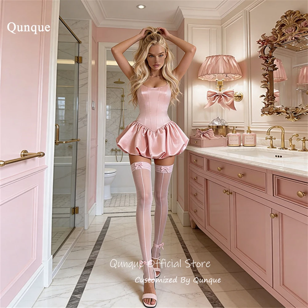

Qunque Elegant Pink Sleeveless Prom Dresses Pleated High Quality Homecoming Dresses Satin Mini A Line Party Gowns Customized