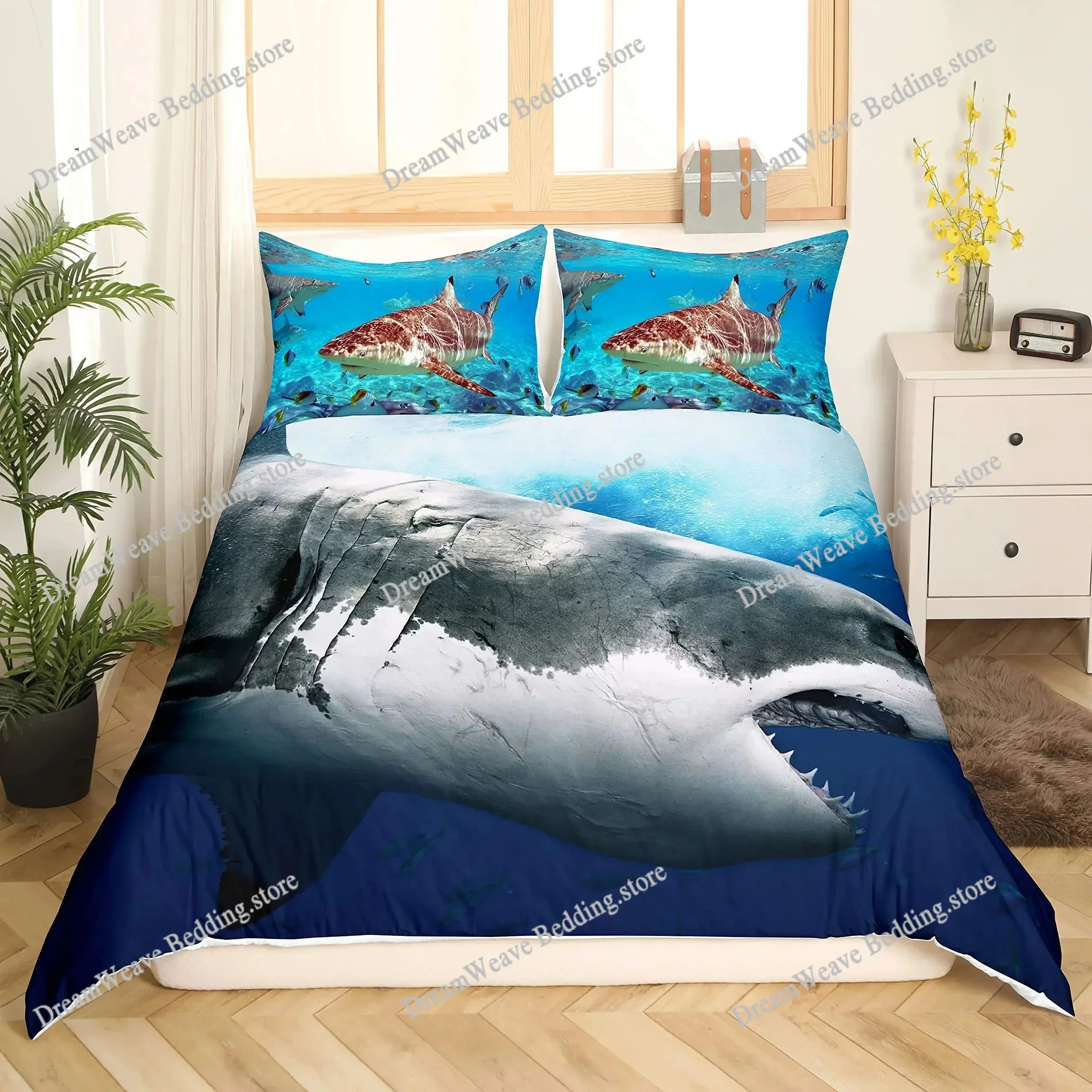 Deep Sea Shark Duvet Cover Set Black Shark Bedding Sets Underwater World Ocean Life Comforter Cover Set for Boys Men Queen Size5
