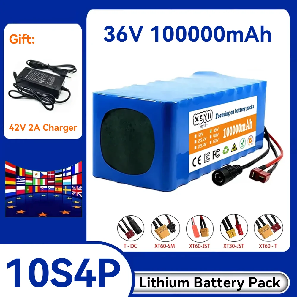 10S4P 36V Battery 100000mAh XT60 Electric Scooter Lithium Battery 18650 Battery Pack 100Ah 500W for 42V E-bk BMS 2A Charger