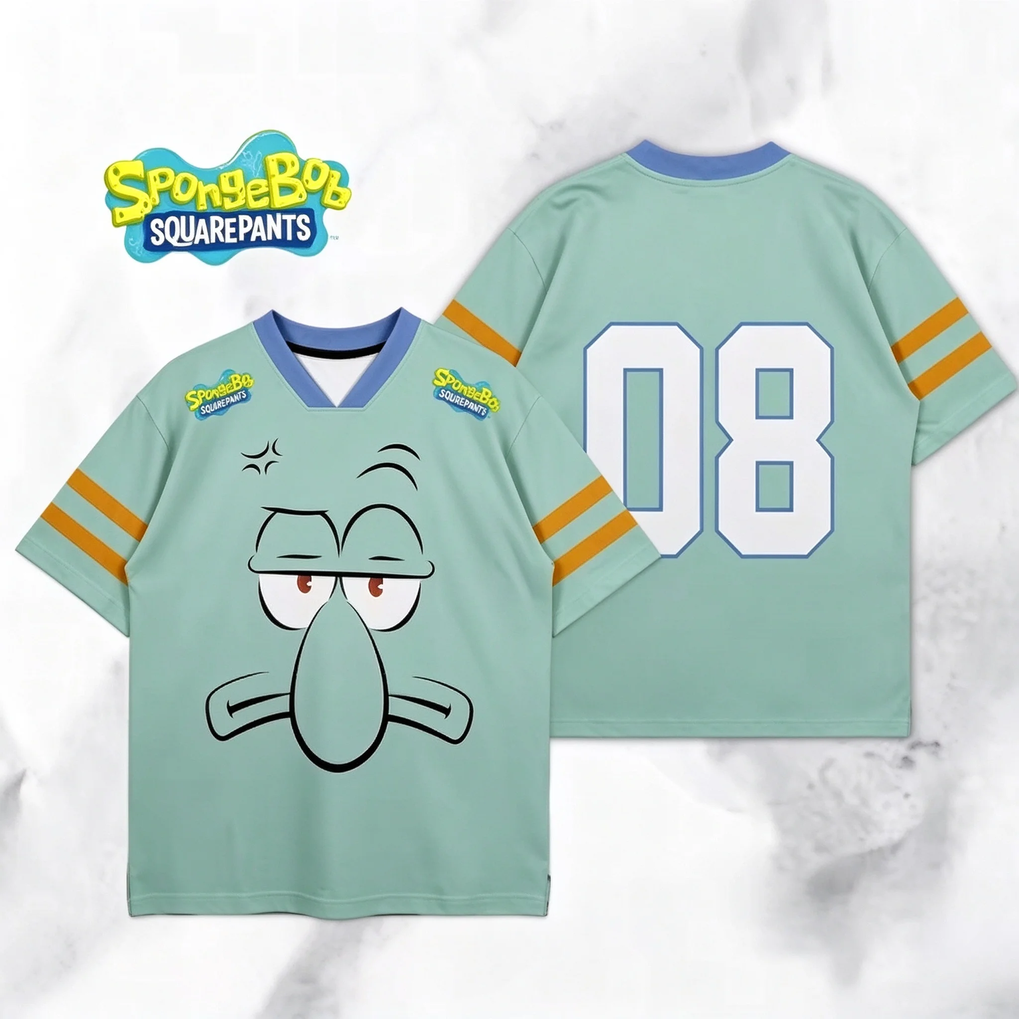 Sponge Bob Soccer Jersey Fan T Shirt Full Cast Character Face Large Number Stripe Cuff Logo Sport top plus size