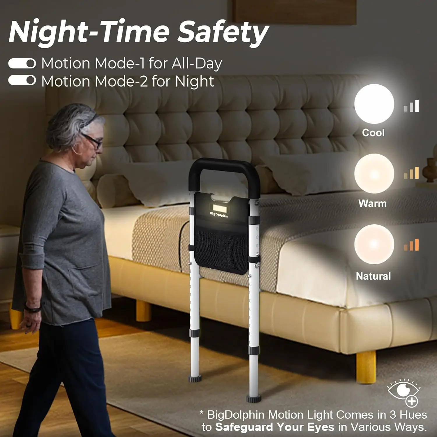 Adjustable Bed Rail with Motion Sensor Light, Non-Slip Handle & Storage Pocket, 350LBS Support for Seniors, Tool-Free Setup