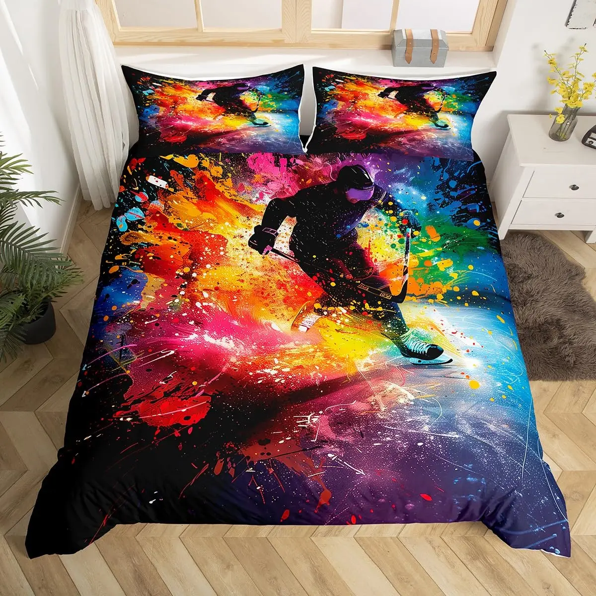 Hockey Stadium Duvet Cover Ice Hockey Bedding Set Graffiti Hockey Player Comforter Cover Winter Ball Sports Event Quilt Cover