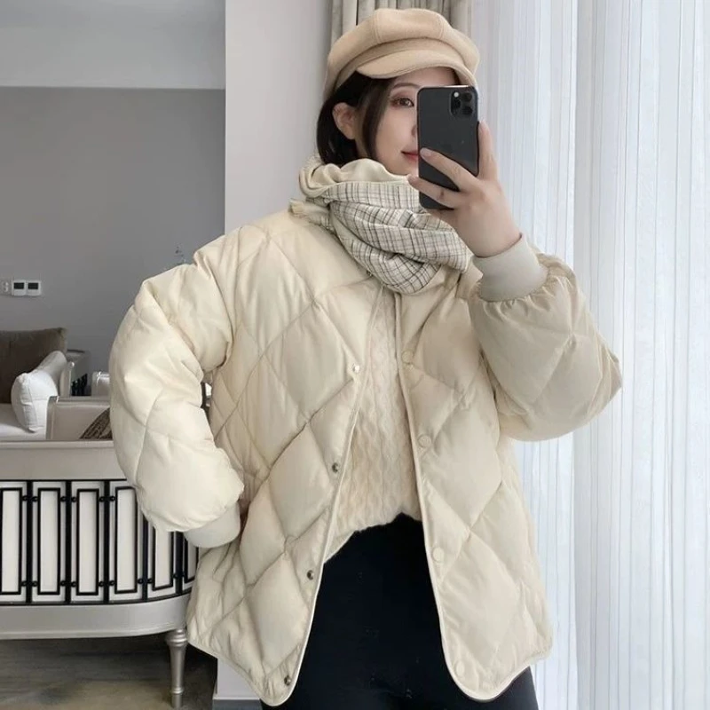 

Korean Style Female Winter Clothes Long Sleeve O-neck Light Weight Warm White Duck Down Coats Vintage Women's Outerwear Jackets