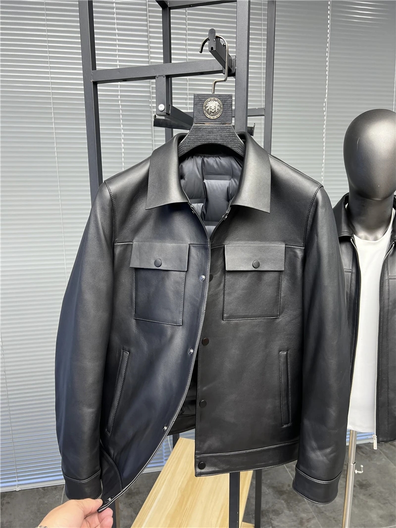 

Svip Store King Cabinet 49W Genuine eepskin Leather Jaet Warm down Coat Men's Faion Urban Sle Casual Flip Collar