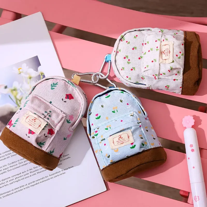 Women’s Schoolbag Pattern Coin Bags Canvas Floral Money Organizer Pouch for Girls Backpack Pendants Coin Bag Purse Kid‘s Gifts