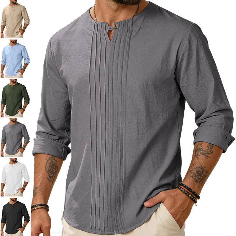Men Casual Pleated Henley Shirts Long Sleeve Stand Neck Loose Fit Linen Blend Shirt For Men Beach Daily Wear