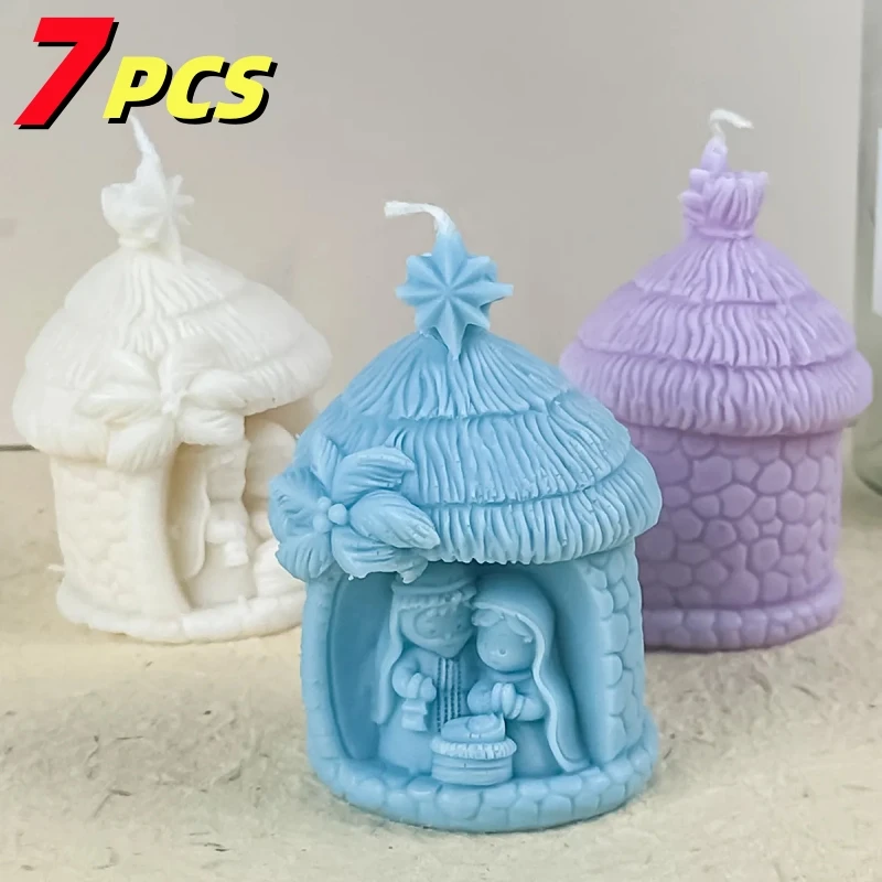 7PCS Silicone Candle Mold Holy Religion Nativity 3D Stone House Aromatherapy Plaster Soap Epoxy Crafts Making DIY Home Decor