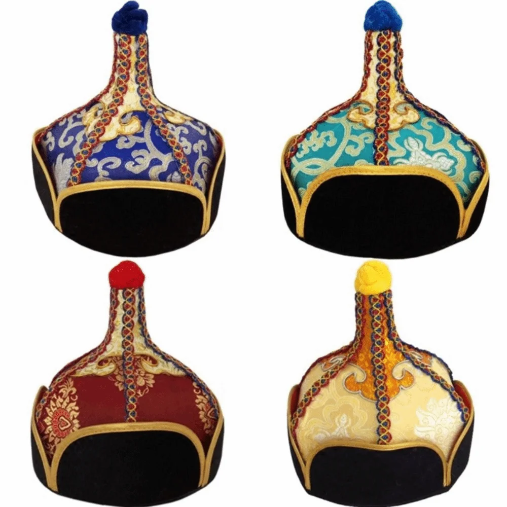 Golden and Blue Pointed Dance Hat Stable Pointed Shape Comfortable Wearing Performance Hat Neat Stitching Fine Fabric