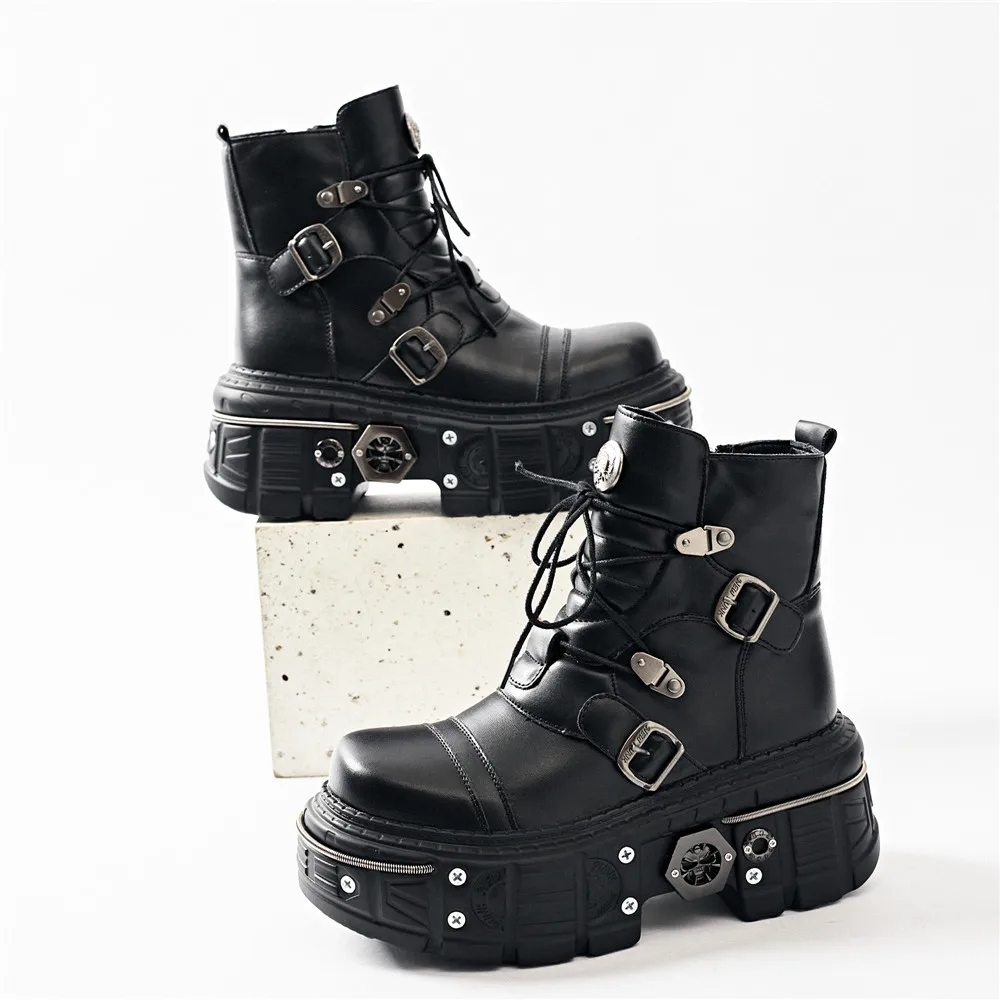 

New Fashion Women Punk Round Toe Ankle Boots Lace-Up Thick Bottom Metal Decoration Shoes Buckle Strap Party Footwear Black