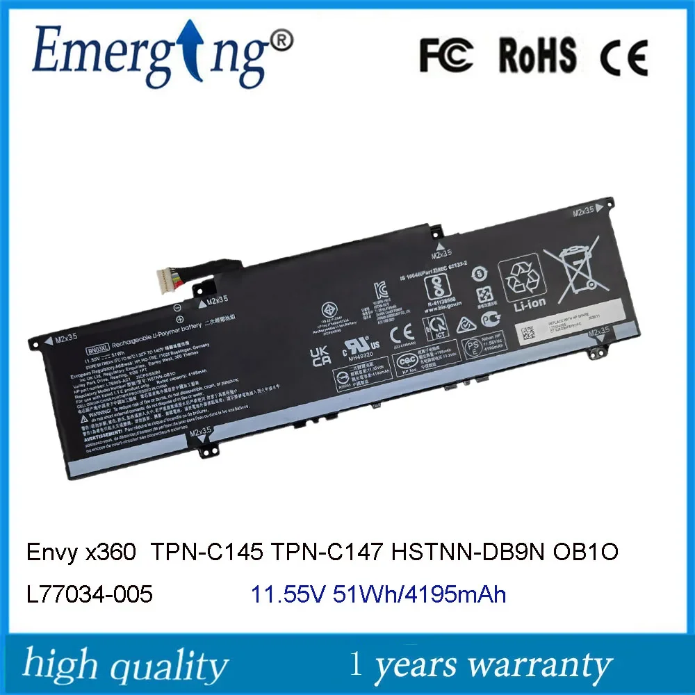 

11.55V 51WH BN03XL Laptop Battery for HP Envy x360 TPN-C145 TPN-C147 15m-ee0013dx HSTNN-DB9N HSTNN-OB1O L73965-271