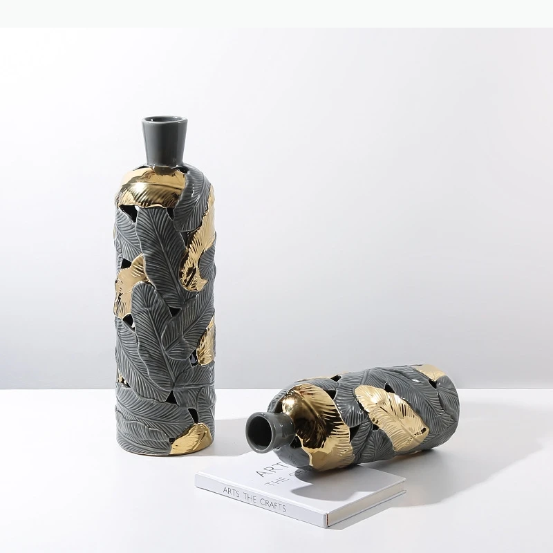 Ceramic Vase Feather Shape Gray Feather Pattern Flower Vase Porcelain Bottle Home Decoration Accessories