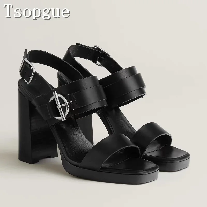 

Design New Square Toe Black Women Sandals Summer Fashion Buckle Metal Buckle Ultra High Thick Heel Shoes