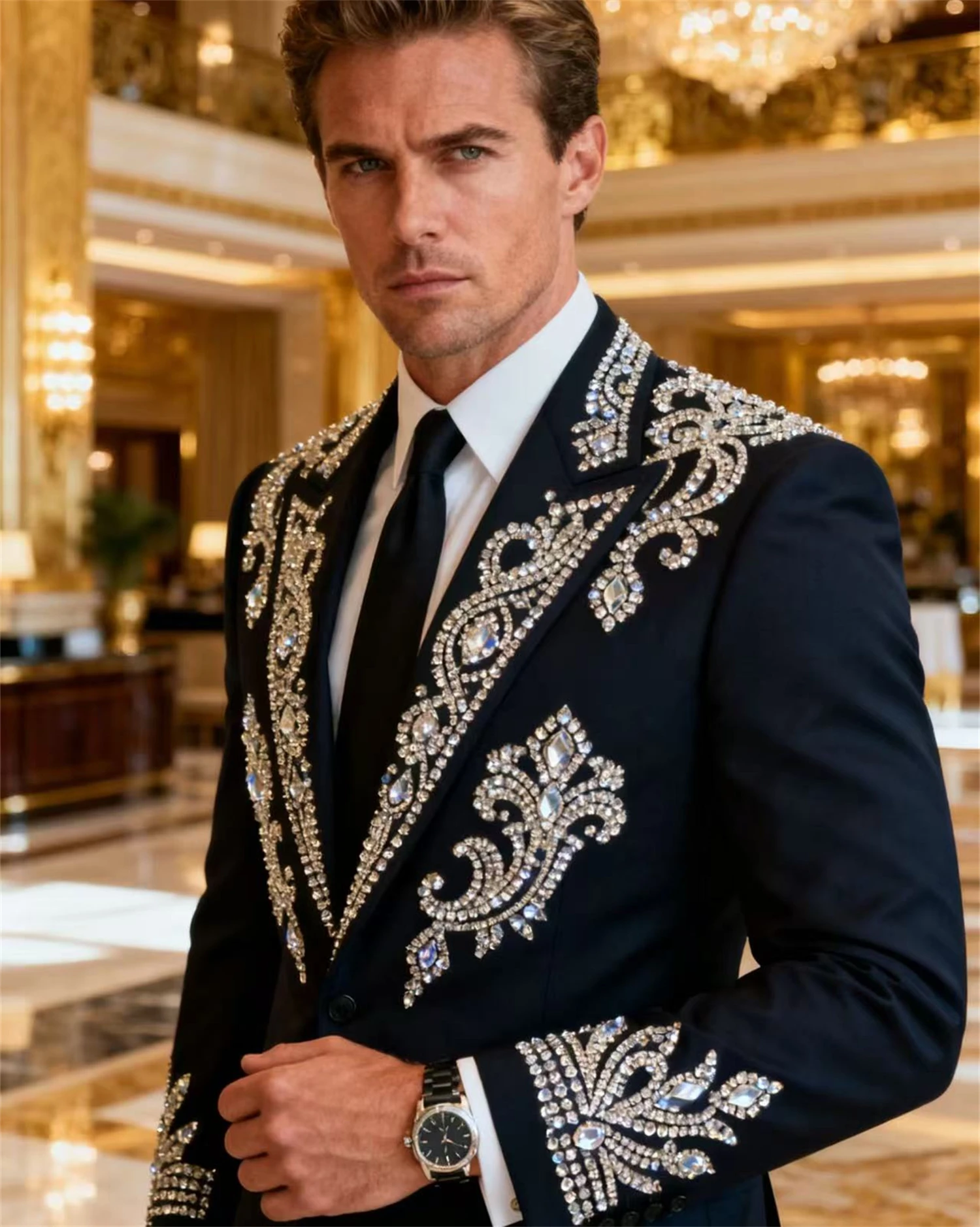 

Высококачественный дизайн с кристаллами, мужские костюмы, комплект из 2 предметов, смокинг для жениха, свадебный мужской вечерний пиджак, блестящий остроконечный лацкан, Ropa Hombre