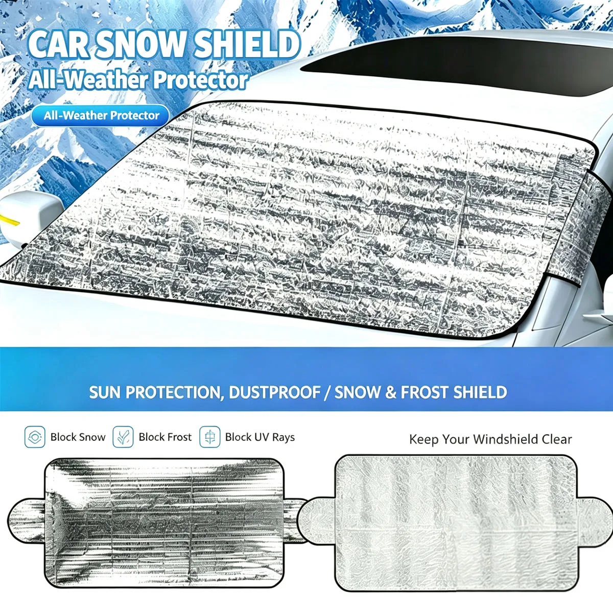 Winter Essential Car Front Window Snow Cover, Thick Aluminum Film Snow Frost Shield, Anti-Ice Protector