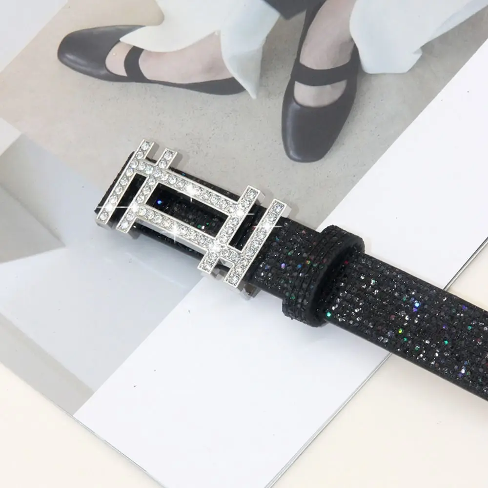 

Fashion Bling Bling Sparkling Rhinestone Belt Glitter Luxury Brand Design Slide Buckle Belt Versatile PU Leather Belt Women