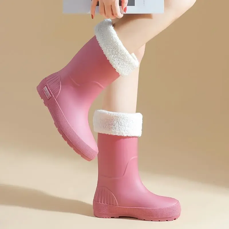 Women's Thermal Lined Mid Calf Rain Boots Waterproof Work Slip Resistant Pure Color Simple Fashion New for Kitchen