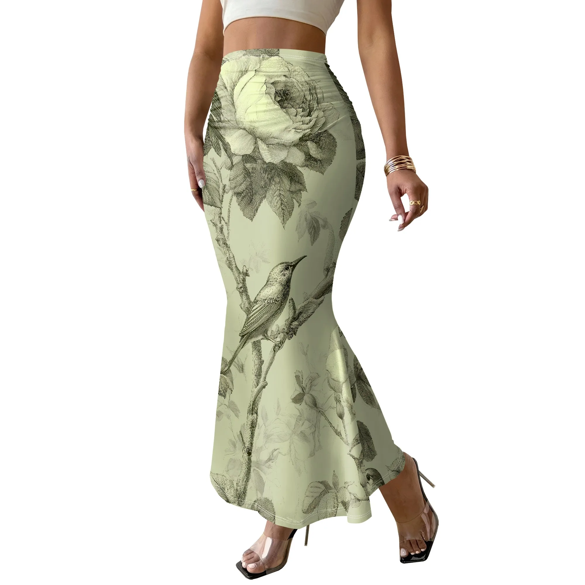 Vintage Floral Bird Print Mermaid Skirt, Botanical Rose Design, High Waist Bodycon Midi Skirt for Women, S-2XL