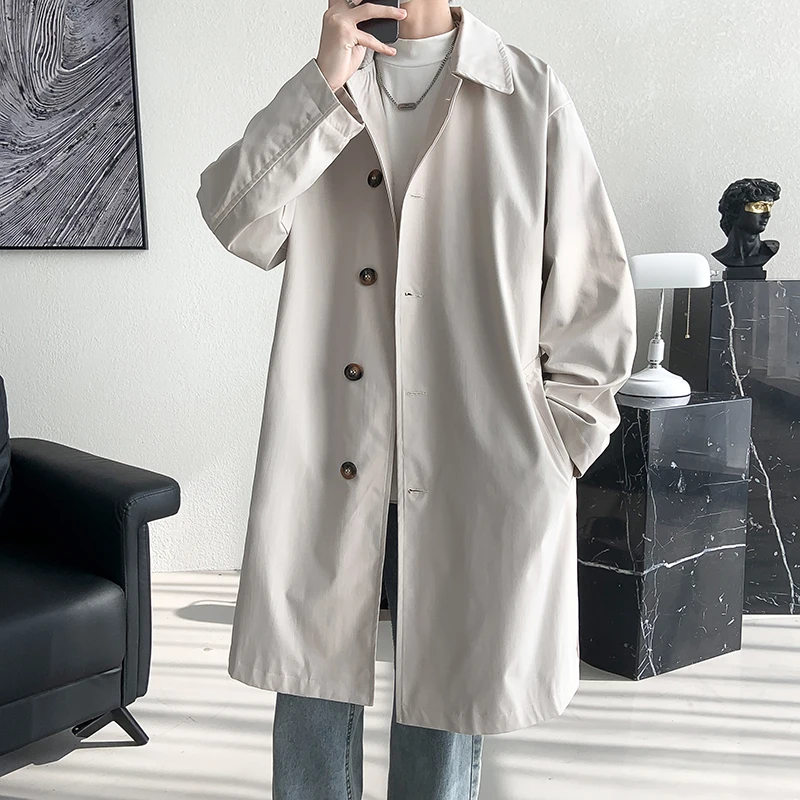 Men's Trench Coat Fashion long Windbreaker Men Solid Color Single Breasted Loose Casual Trench Man Streetwear Plus Size M-5XL