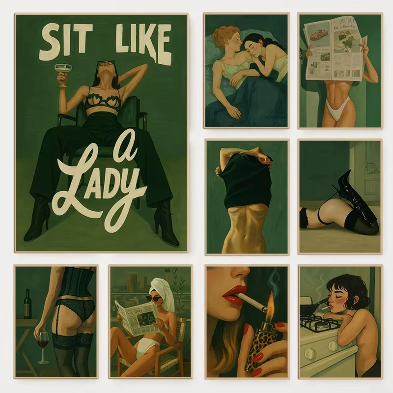 1 Minimalist Female Green Background Poster Vintage Bold Feminine Portrait Canvas Painting Wall Art for Living Room Home Deco