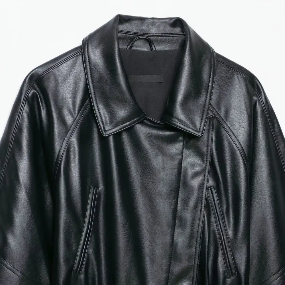 Womens Faux Leather Motorcycle Jacket Street Fashion Slim Fit Long Sleeve Zipper Lapel Black Casual Outerwear