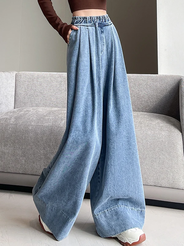 

Spring 2025 Women's Loose Fit Floor-Length Wide Leg Jeans Skirt High Waist Casual Blue Denim Pants Trousers with Cuff