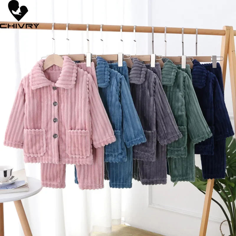 New 2022 Kids Boys Girls Autumn Winter Thick Warm Soft Flannel Pajama Sets Solid Lapel Tops with Pants Sleeping Clothing Sets