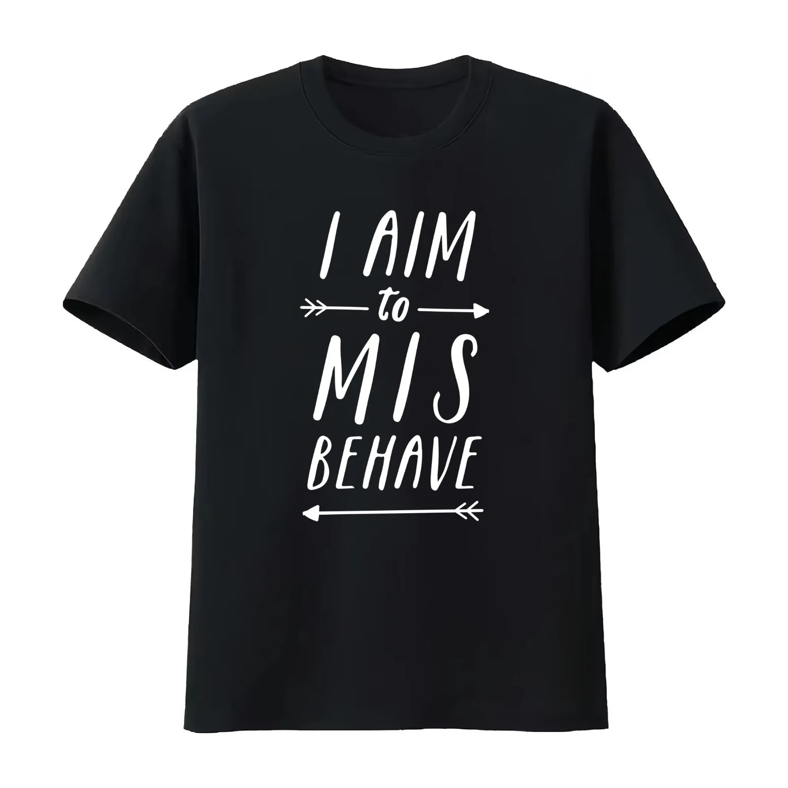 Aim To Misbehave Black T-Shirt Summer Casual Cotton Tee Oversized Streetwear Tops Vintage Graphic Print Unisex Men Women