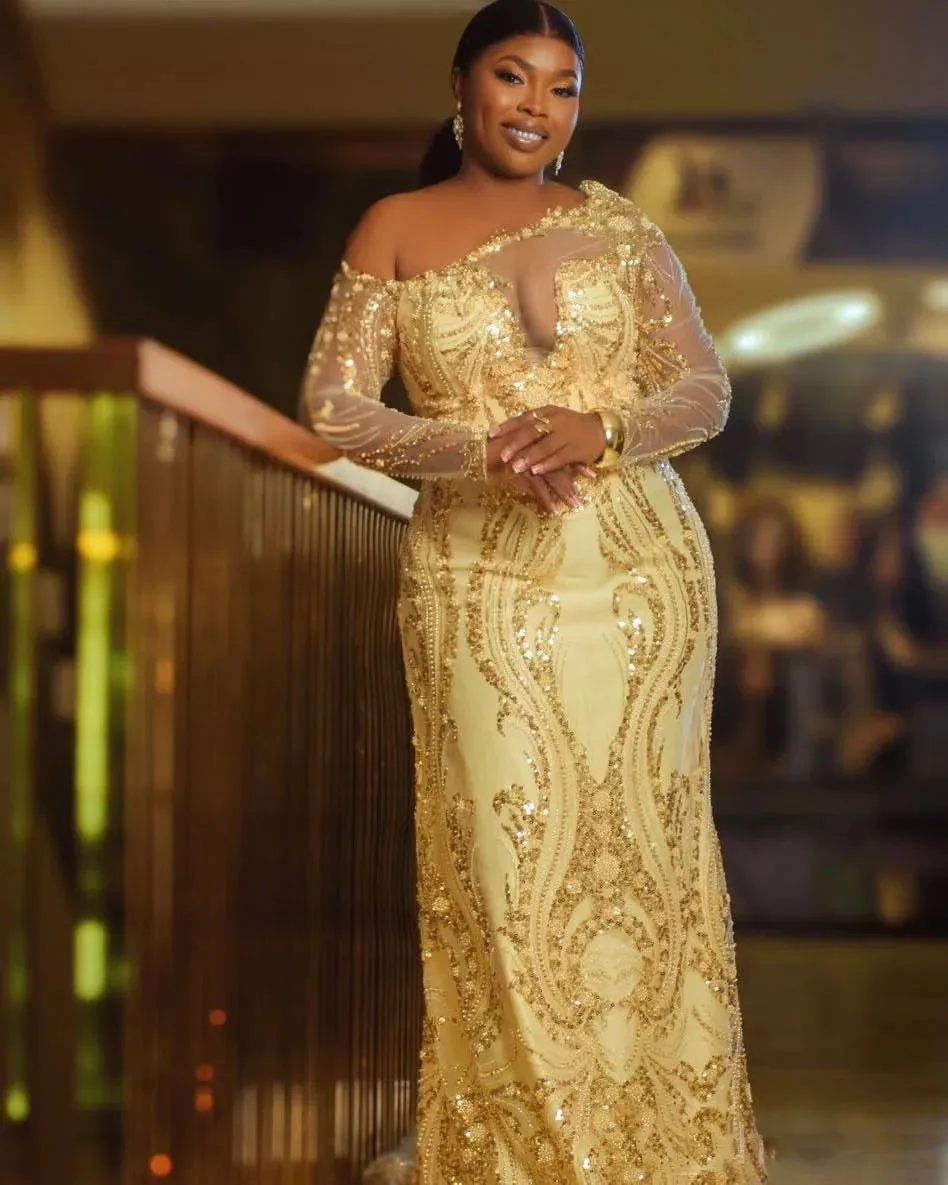Gold Mermaid Prom Dresses Sequined One Shoulder Full Sleeves Evening Formal Party Second Birthday Engagement Gowns Plus Size Dre