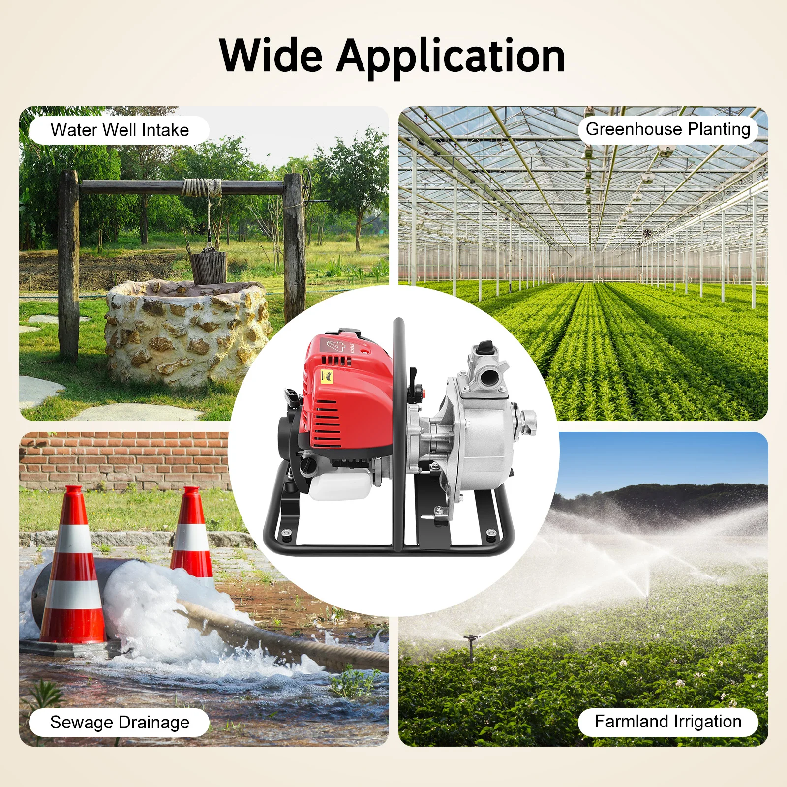 1.2KW Water Pump Gasoline Engine Water Pump 135L/min Flow & 30m Head, Gasoline Powered for Farm & Fire Rescue Use