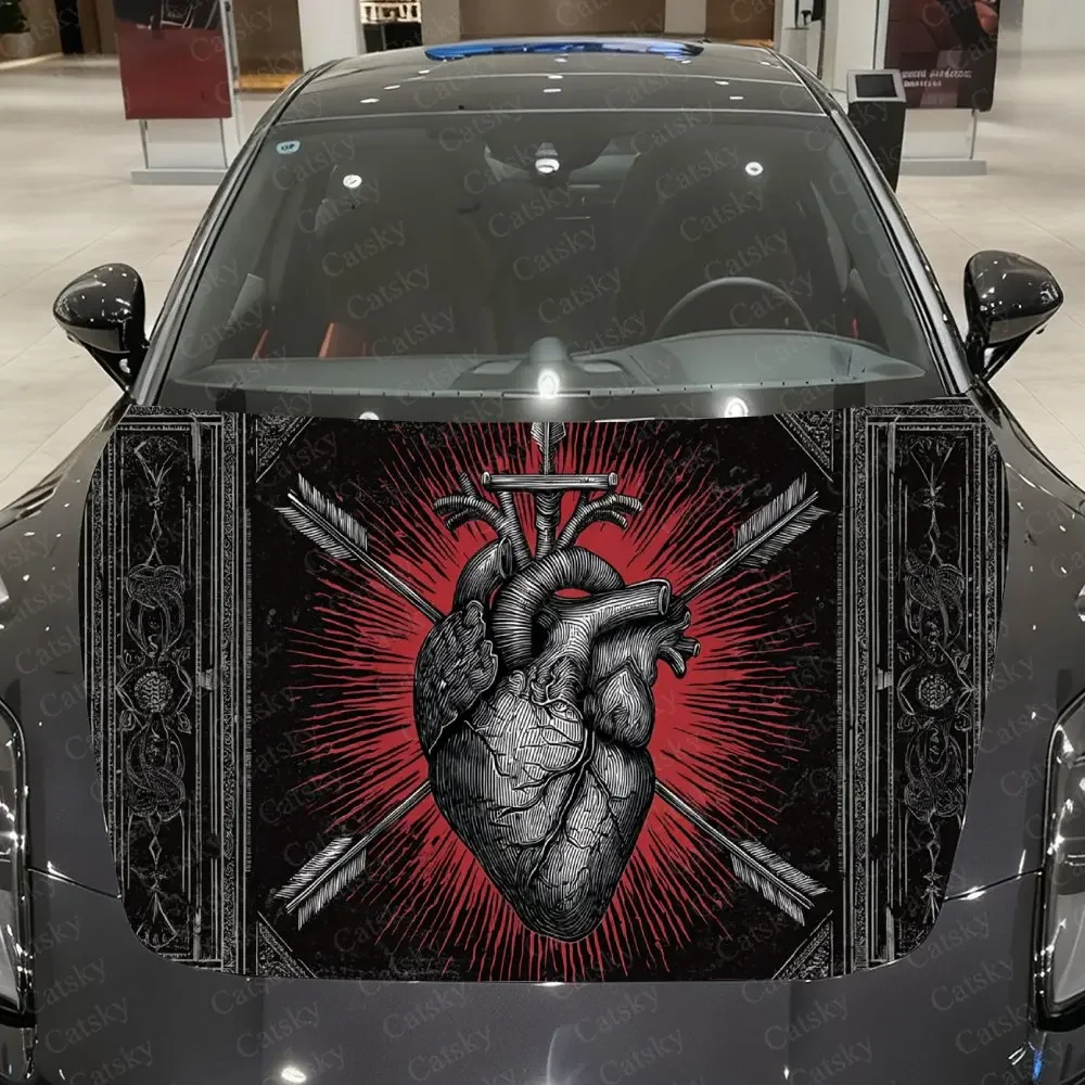 Gothic Style Sacred Heart & Arrow Car Vinyl Wrap, PVC Waterproof Car Hood Sticker, Self-Adhesive Scratch-Resistant Stickers