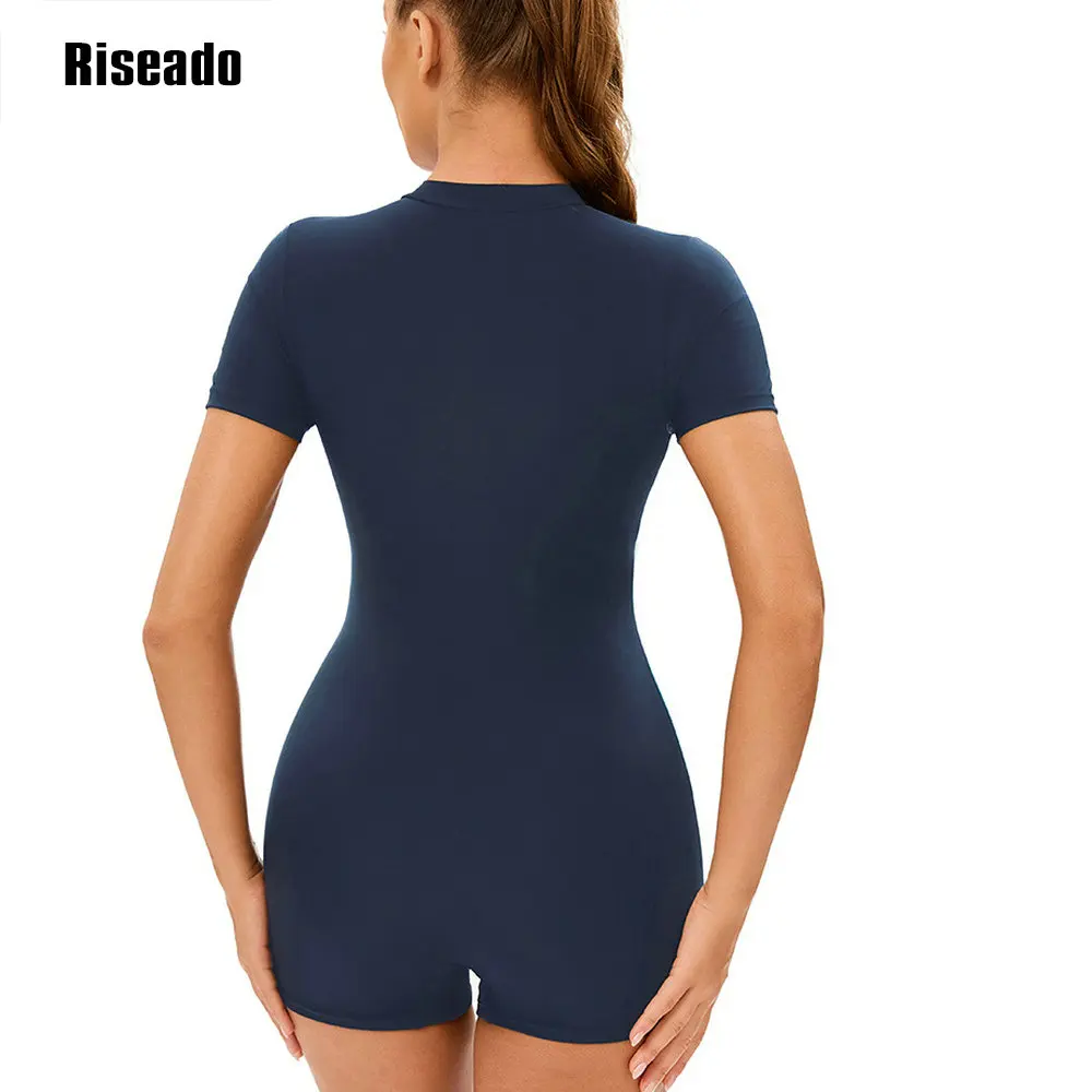 Riseado Women Boyleg Sport One Piece Swimsuit Short Sleeve Athletic Swimwear Adult Bathing Suit for Training-Pool