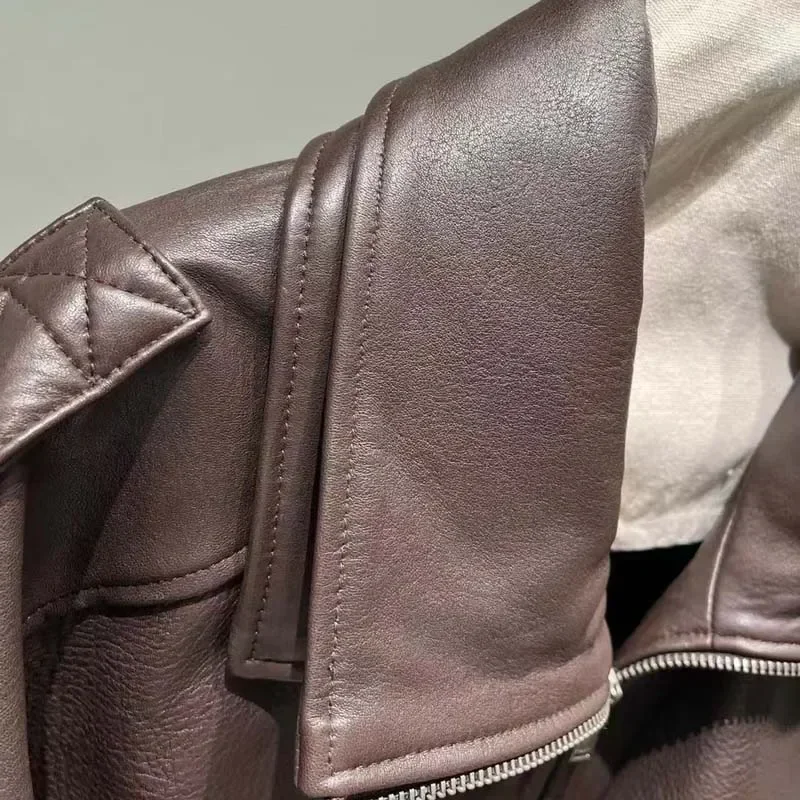 سترة نسائية فضفاضة من الجلد الطبيعي موديل 2025 بأكمام طويلة معطف كاجوال فاخر لربيع الخريف للسيدات