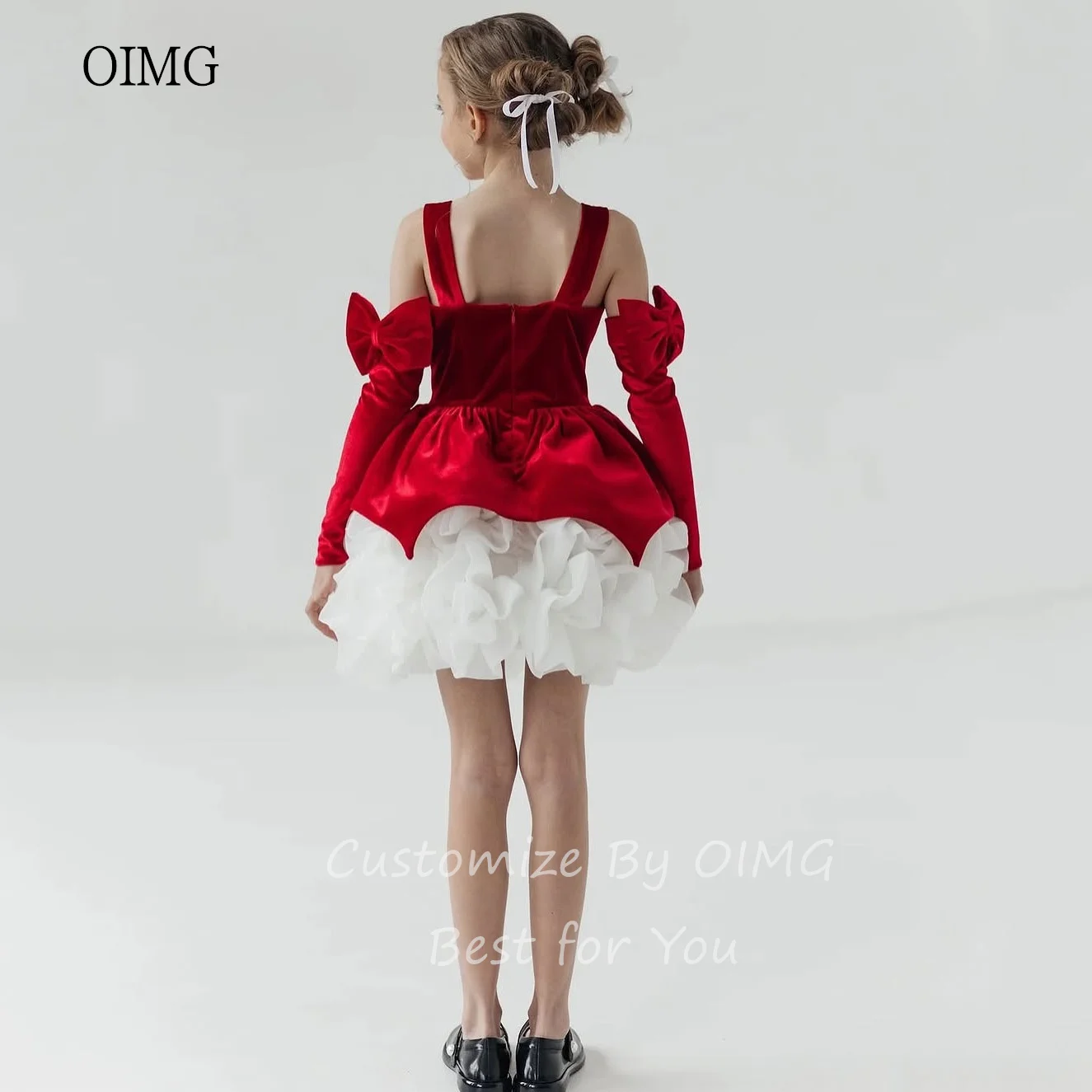 OIMG Princess Red Ball Flower Girl Dresses Bow Sleeves Gown Wedding Party Dress Flowers Mini Birthday Dress Customized