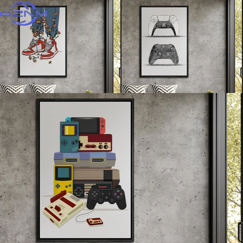 AZNM Modern Vintage Wall Art Poster Old Books Floral Sneakers Game Controllers Tapes Record Canvas Painting Boy's Room Decor
