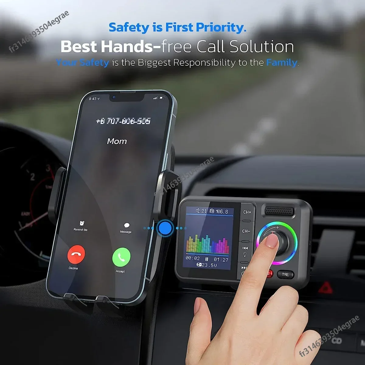 Drahtloser FM-Transmitter mit großem Farbbildschirm 2,4 A QC3.0 Dual USB Schnellladung Freisprechanruf Auto AUX Adapter MP3-Musik-Player