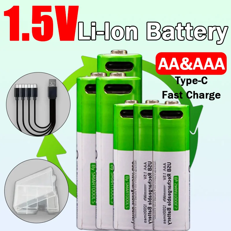 Rechargeable AA and AAA Li-ion Batteries with USB-C Fast Charging for Wireless Mouse Remote Control Car LED Lights RC Toys