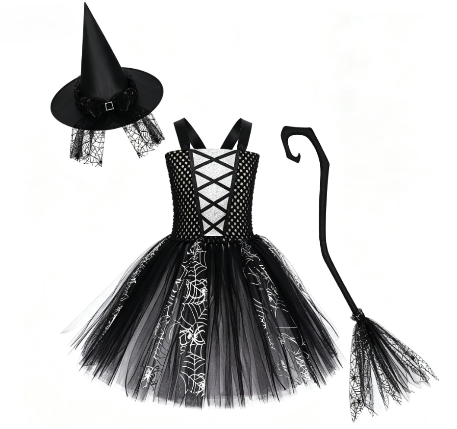 Halloween Masquerade Party Witch Role Play Black Spider Web Decoration Puffy Tutu Dress With Pointed Hat Magic Broom Clothing