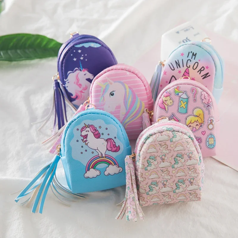 Women Girl Mini Coin Purse PU Leather Zip Cartoon Unicorn Handbag Keys Earphone Bag Kids Small Wallet with Keychain Pendants