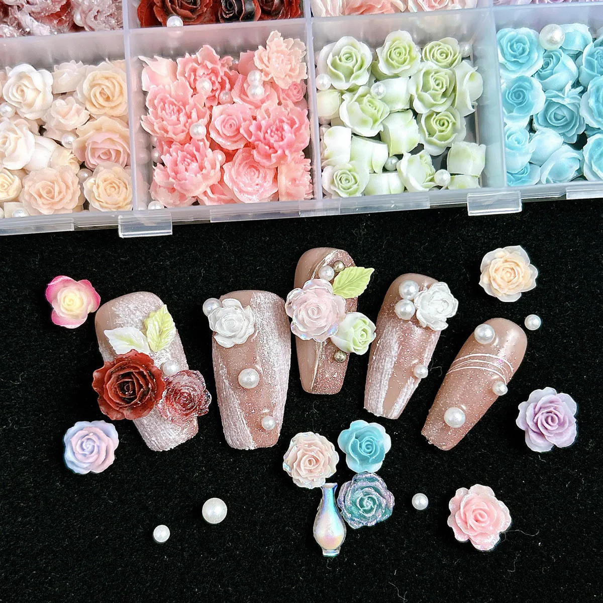Breloques pour ongles en résine mixte 3D, 12 grilles, fleur de Rose, strass à dos plat, bricolage, décorations florales pour Nail Art, Kawaii