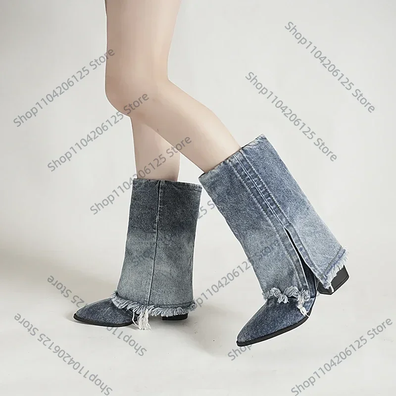 

Women Shoes Brand Short Boots Ladies Boots Pointed Toe Square High Heel Mid Calf Fold Booties Bottes 단화