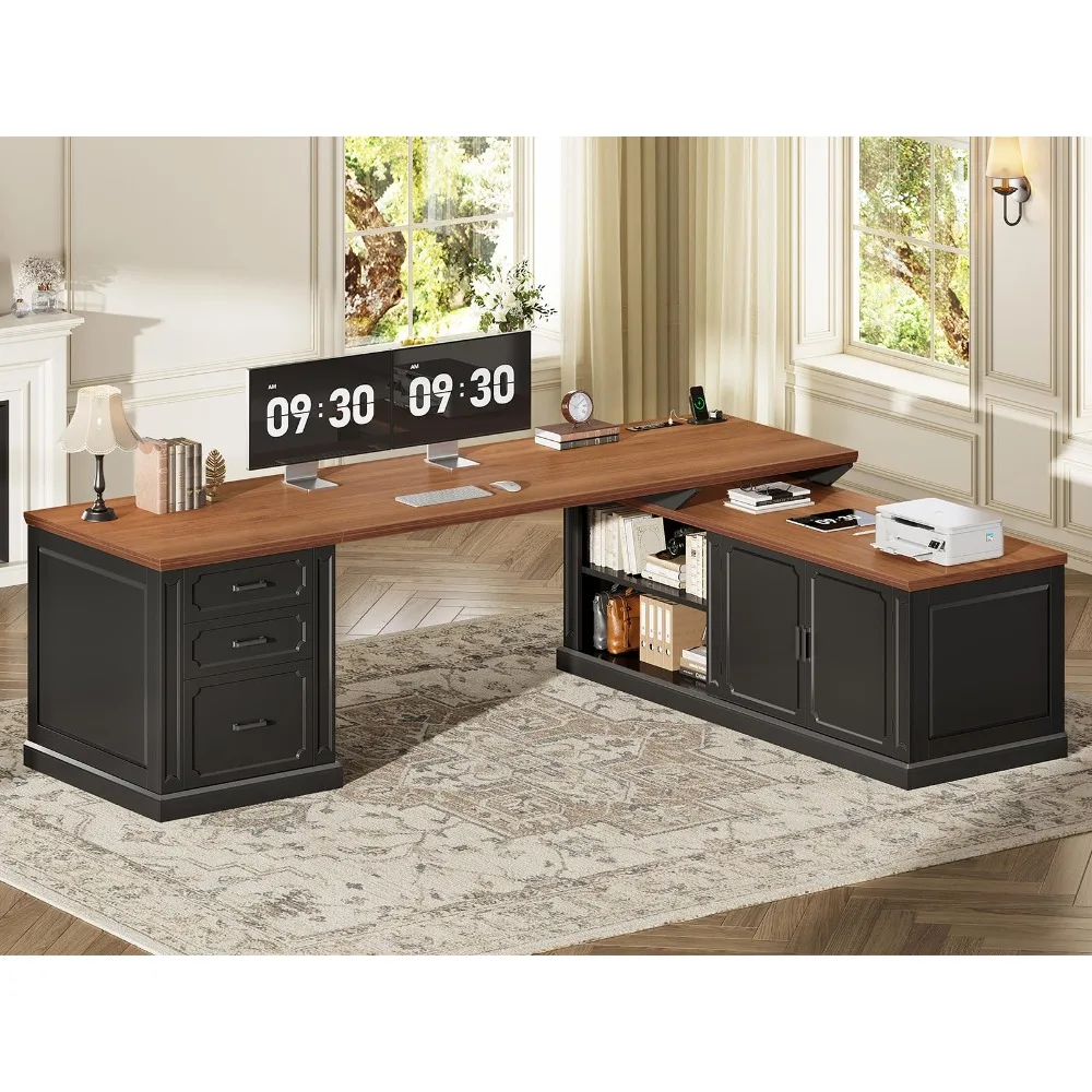 Farmhouse L Shaped Desk with Drawers, 70.9