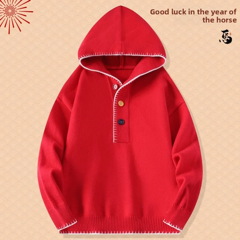 

Красная вязаная шапка-свитер с новогодним дизайном, дышащая, удобная, повседневная, с длинными рукавами, молодежная, для поездок на работу