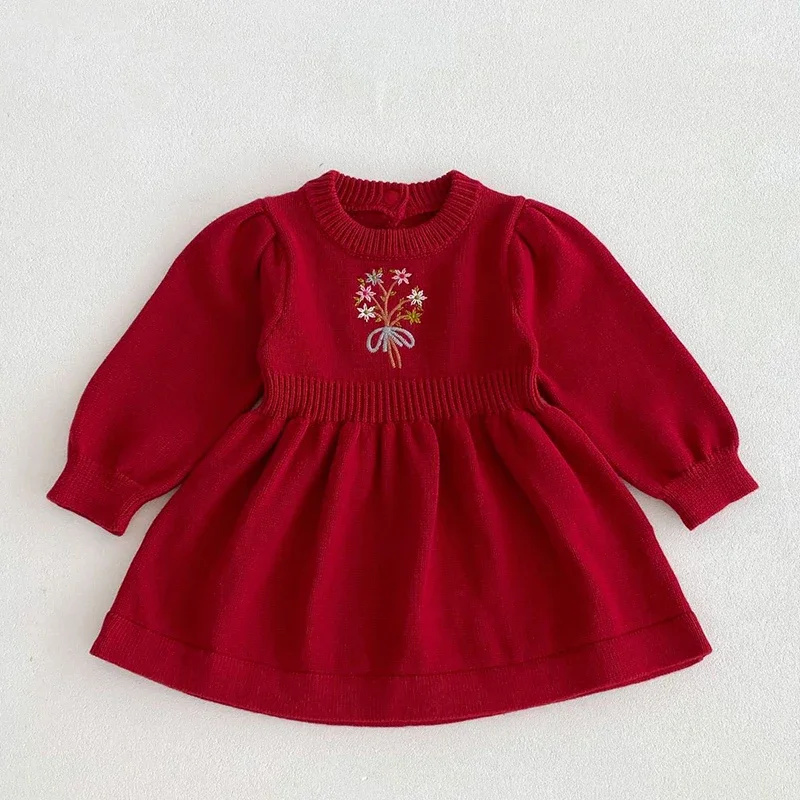 2024 New Autumn Kids Princess Dresses Children Knitting Clothes Baby Girl Party Dress Long Sleeved Knitted Embroidery Dress