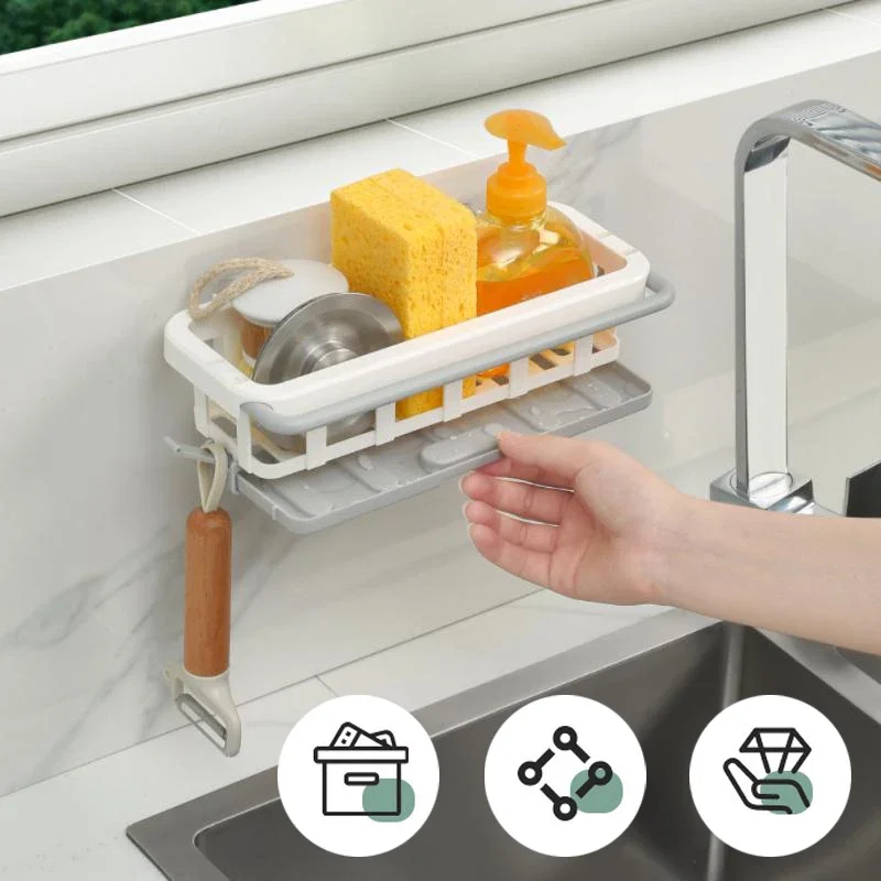 

Wall Mounted Sponge Holder Kitchen Towel Rack Sinks Soap Telescopic Sink Bathroom Shelves with Hooks Organizer Accessories