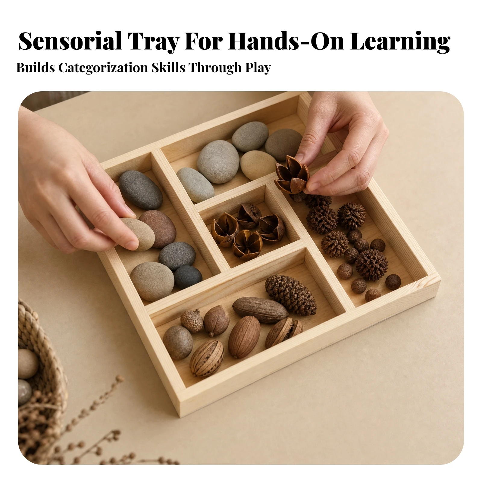 Compartment Organizer Versatile Open-Top Wooden Organizer Tray for Preschoolers, Sensory Play, Early Learning Activities