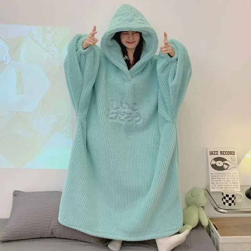 

Women's Pajama Set Fashion Homewear Winter Hooded Robe Coral Fleece For Women Home Outdoor Wear Thickened Loose Fit Long Length